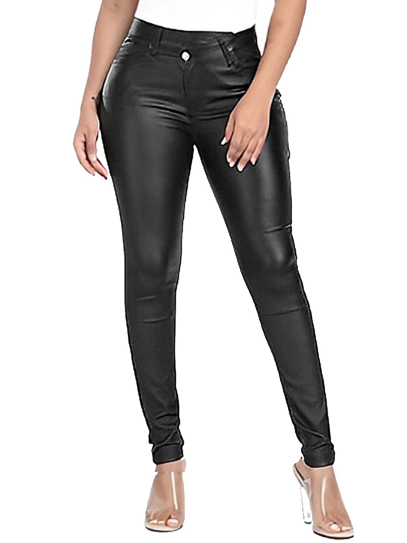 

Women's High Waist Tummy Control PU Leather Pants - Stretchy Vegan Faux Leather Skinny Pants (Black)