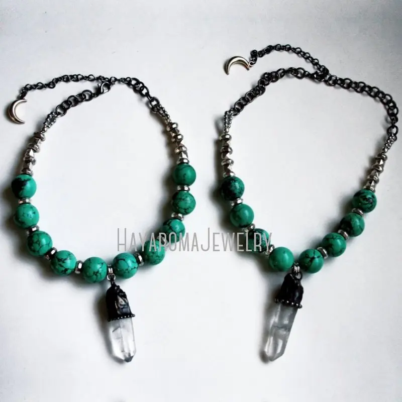 NM43386 Raw Quartz Green Turquoise Beaded Choker Necklace Clear Long  Crystal Statement Layering Boho  Halloween