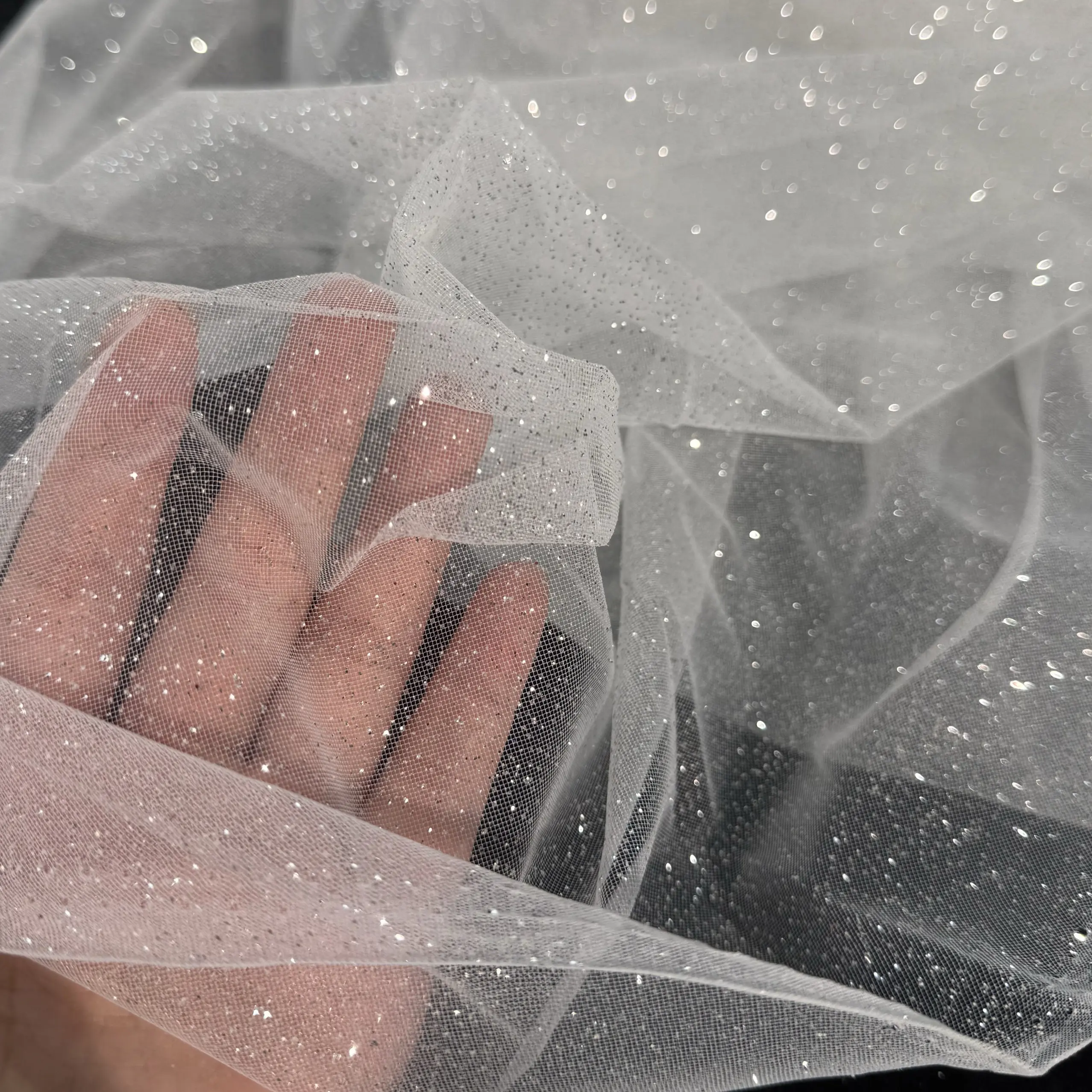 Champagne White Fine Glitter Glittering Powder Transparent Gauze Cloth Draping Fabric for Wedding Clothing Designer Fabric