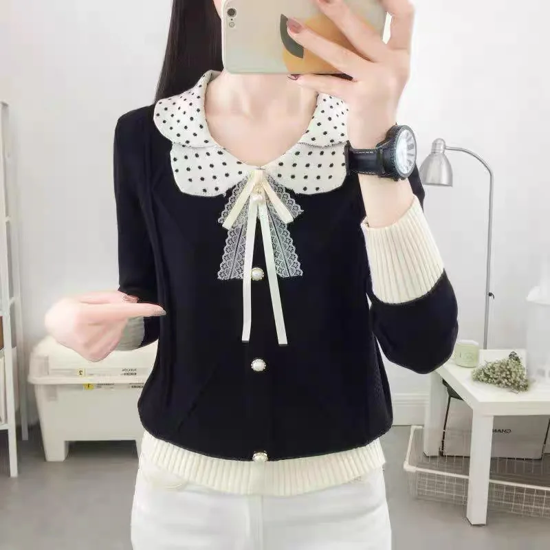 Maglione di fascia alta dopamina da donna colletto per bambola maculato fiocco dolce maglione pullover lavorato a maglia a maniche lunghe