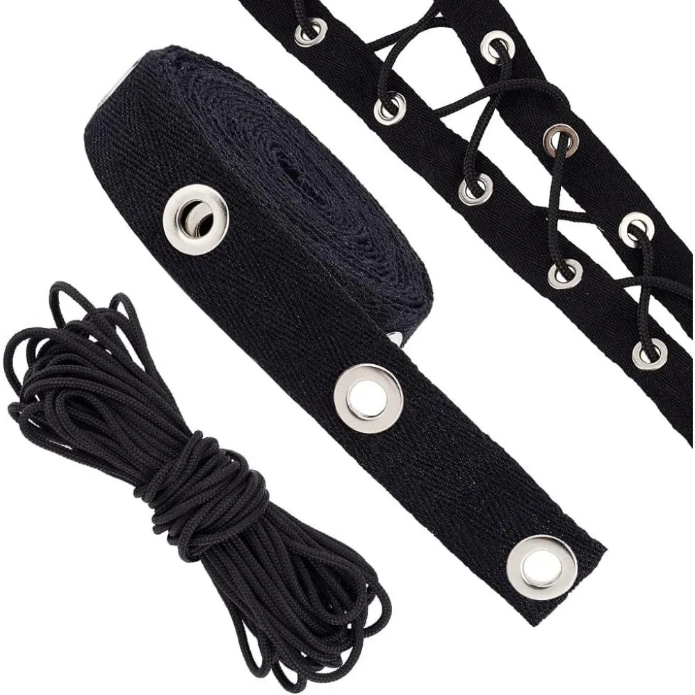 3 Yards Eyelet Tape Trim Black Craft Grommet Eyelet Trim 3cm Wide Cotton Ribbon Clothing Sewing Trim with Jump Rings