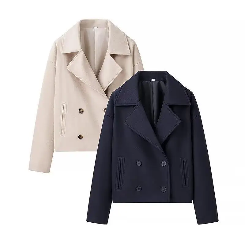 

Faionable ort Double-Breasted Woolen Coat Autumn 2024 New Arrival Cross-Border Women's Wear C92244 Ele Pure Color PU