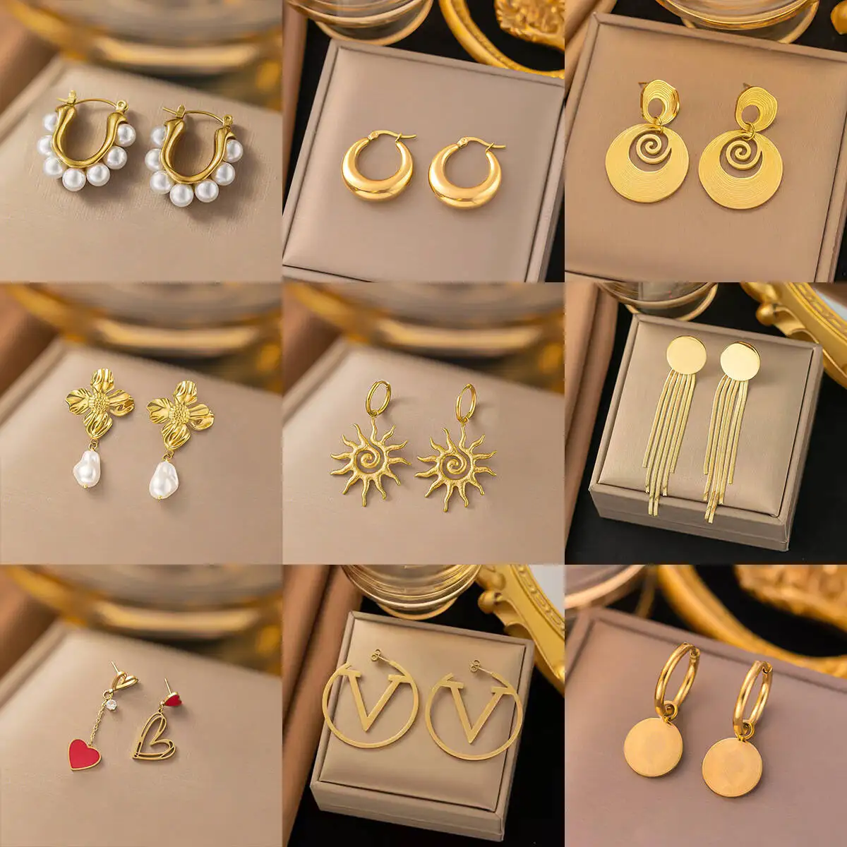 Titanium Steel Gold Plated Drop Earrings, Waterproof Hoop Earrings, Pearl/Zircon/Sun Spiral/Heart/Butterfly Women Jewelry Gift