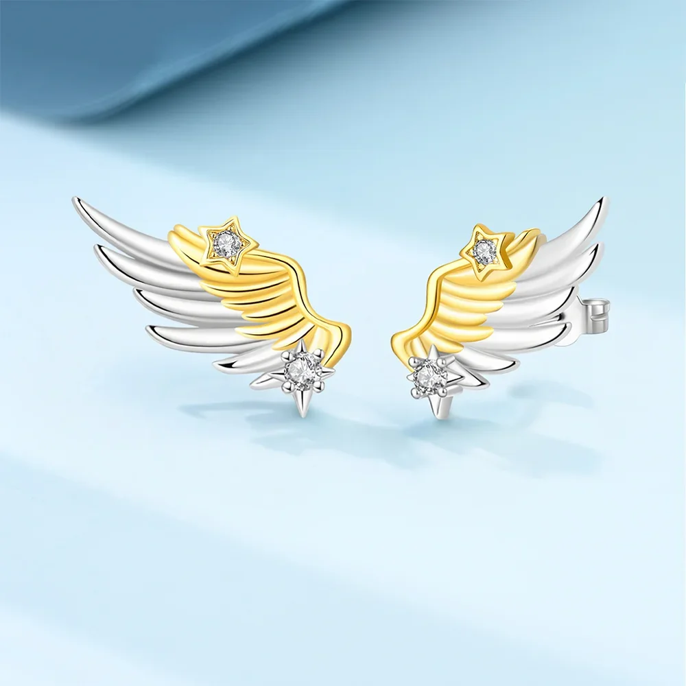 925 Silver Four Pointed Star Hoop Earrings Inlaid Zircon Two Tone Gold Silver Celtic Knot Angel Wing Ear Fashion Jewelry Gift