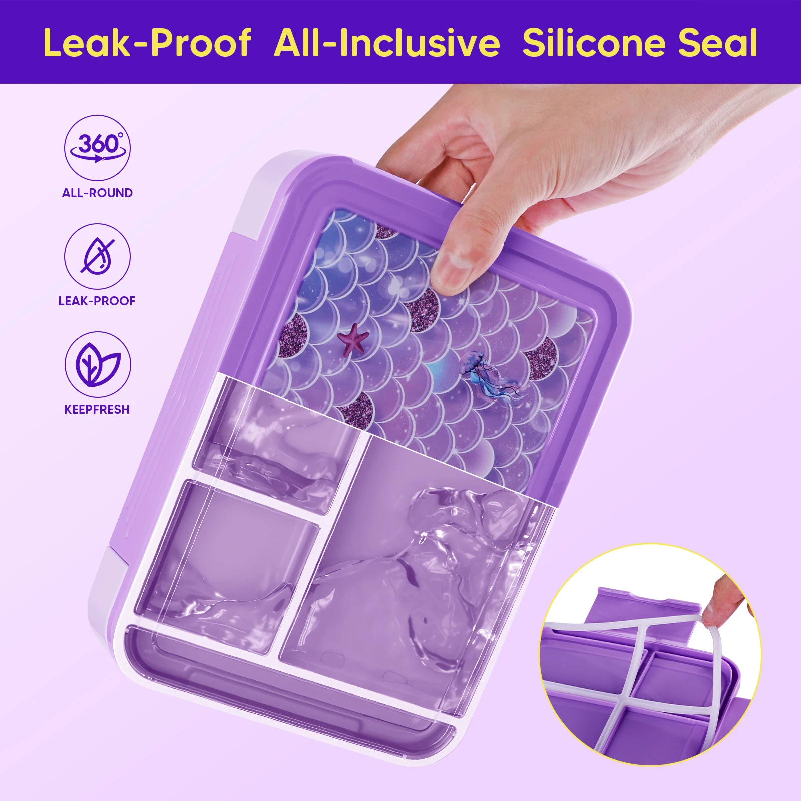 Kids Lunch Box for School Mermaid Prints Leak-Proof 6-Compartment Bento Box with Insulated Lunch Bag Microwave Safe Purple Pink