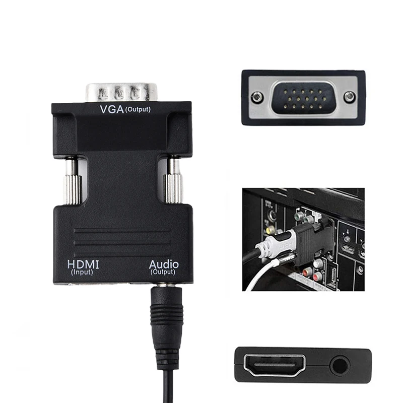 HD 1080P PC Computer HDMI-Compatible to VGA Video Converter 3.5mm Jack Audio Female to Male Adapter for Laptop TV Box Monitor