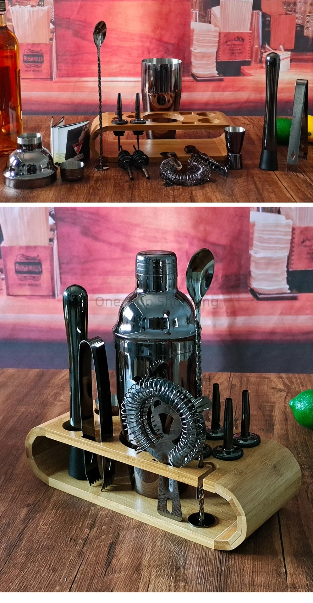 12PCS Cocktail Shaker Set Barkeeper Kit Bar Set Bambus Ständer Matini Shaker Rührlöffel Muddler Jigger Cocksrew für Barware Set – Detail 11