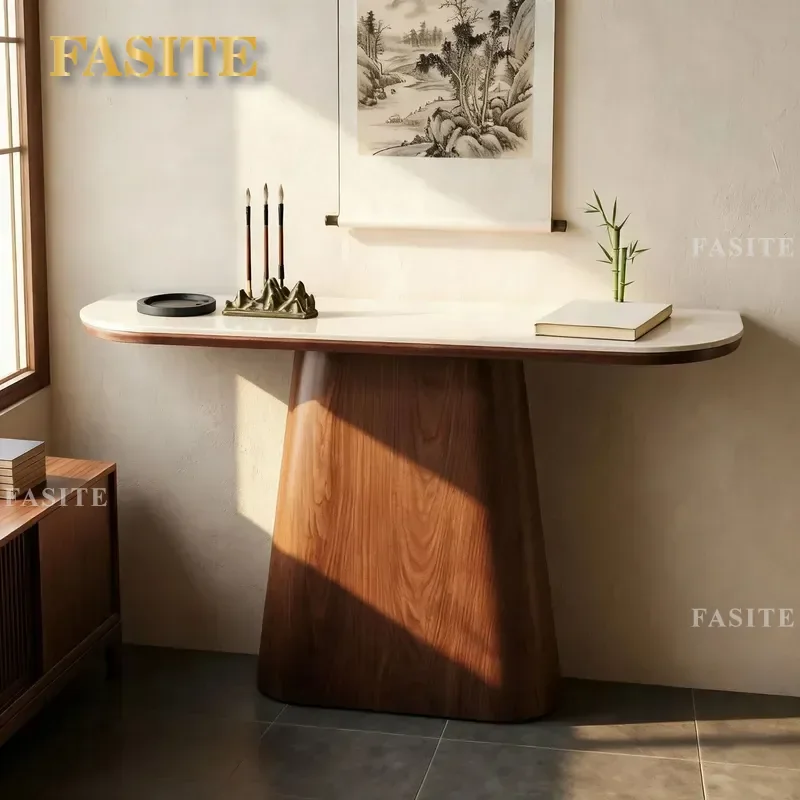 For Medieval Style Solid Wood Travertine Rock Slab Entryway Table Ultra Narrow Long Console Table for Corridor Wall Wabi Sabi