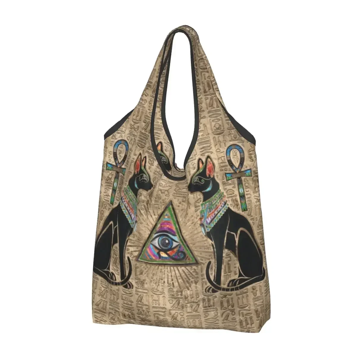 Reusable Egyptian Cats And Eye Of Horus Shopping Bag Women Tote  Portable Ancient Egypt Groceries Shopper s