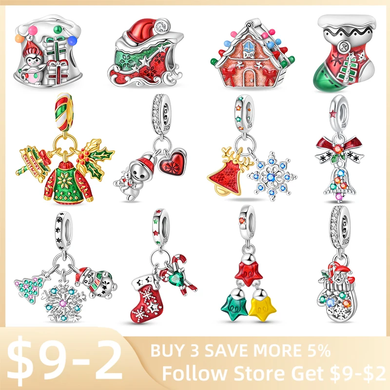 925 Silver Santa Claus Elk Christmas Charms Beads Fit Pandora 925 Original Bracelets DIY Party Jewelry Festival Gifts