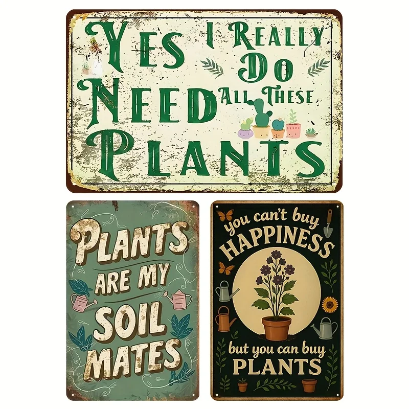 [JIT]Decorative Sign& Plaque 3pcs Vintage Floral Metal Wall Art Signs, 8.0x12.0inch Rustic Garden Decor with Humorous Plant Love