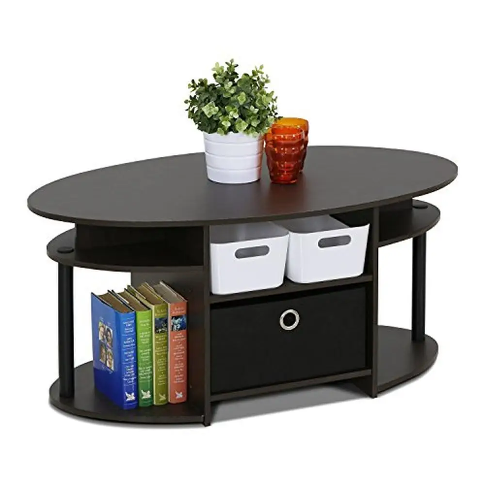 Oval Coffee Table with Built-in Shelves and Bin Simple Design E1 Grade Composite Wood Fits Any Room and Budget Walnut Color Easy image 3