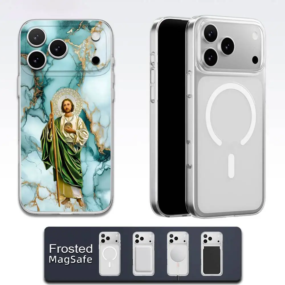 Custodia per telefono Marble San Judas Tadeo per iPhone 17,16,15,14,13,12,11,Pro,Max,Plus,E,Air,Mini Magsafe satinato trasparente