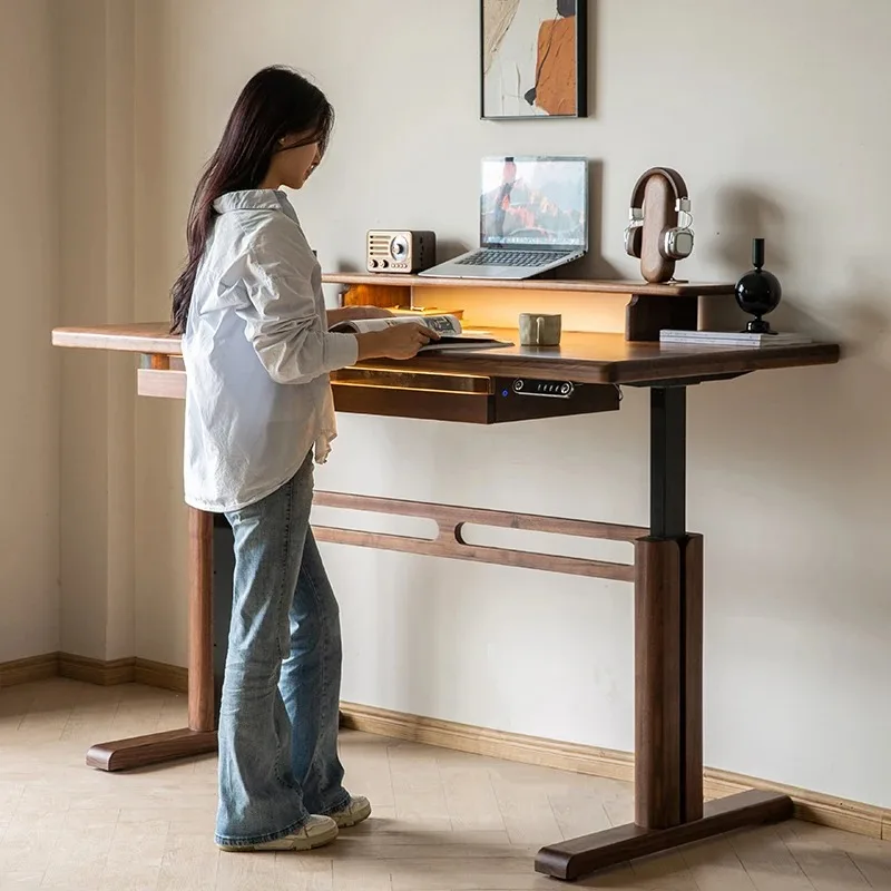 North American black walnut electric lifting desk, solid wood smart office computer desk