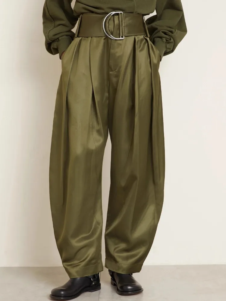 여성용 반짝이는 아미 그린 카프리 팬츠 하이웨이스트 바지 오피스 워크 레이디 풀 렝스 가을 바지 카프리 2026 봄 여름