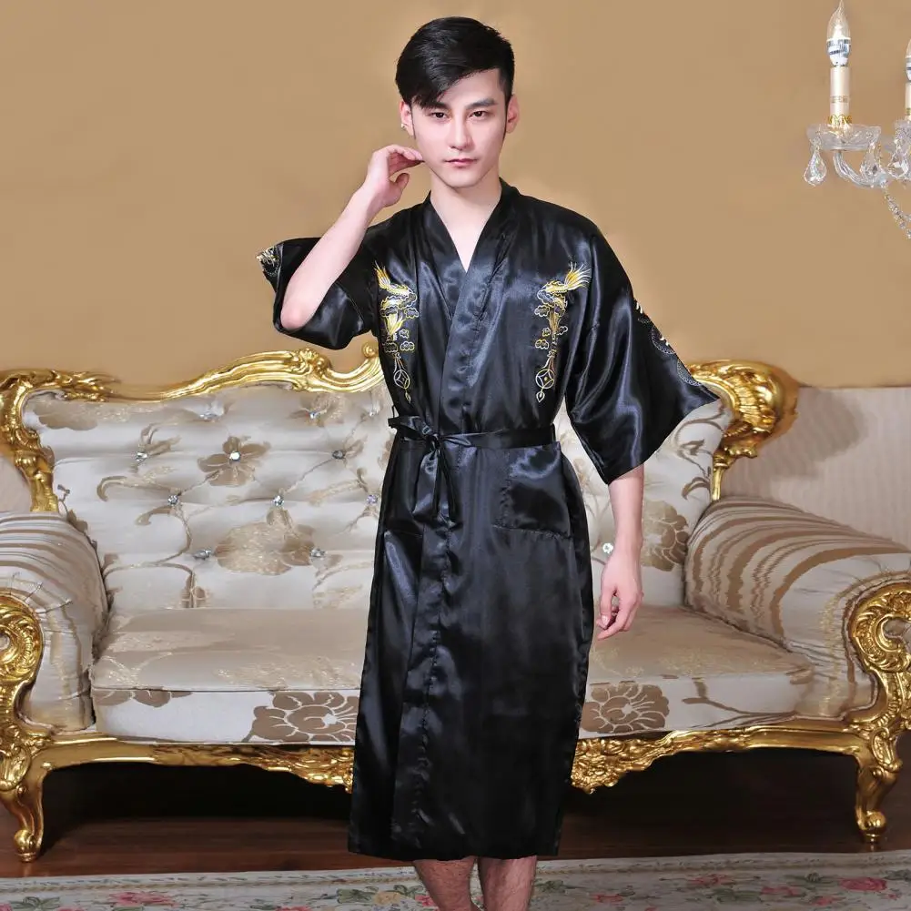 Waist Tie Bathrobe Men Chinese Style Nightgown Dragon Embroidered Men's Satin Nightgown with Chinese Style V Neck for Home