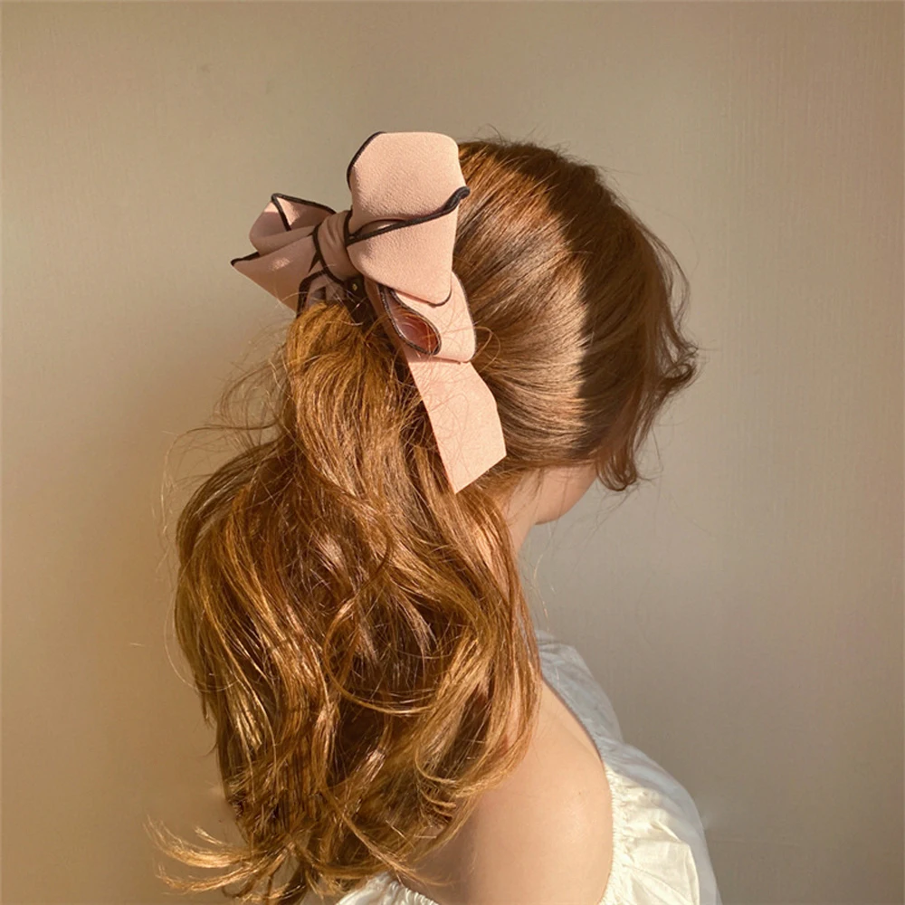 Temperament Sweet Solid Korean Pearl Mesh Ponytail Holder Banana Clip Vertical Clip Bow Hairpin