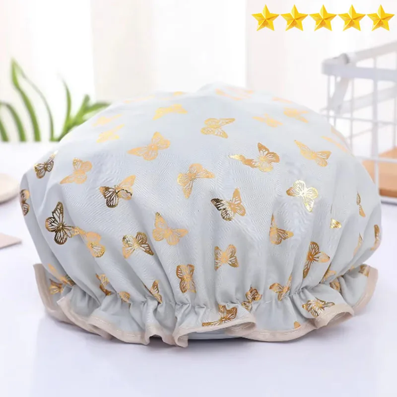 【Hot sales】Double Shower Cap Waterproof Hair Cap Hot Gold Printed Terylene Cotton Shower Cap Bathing Women