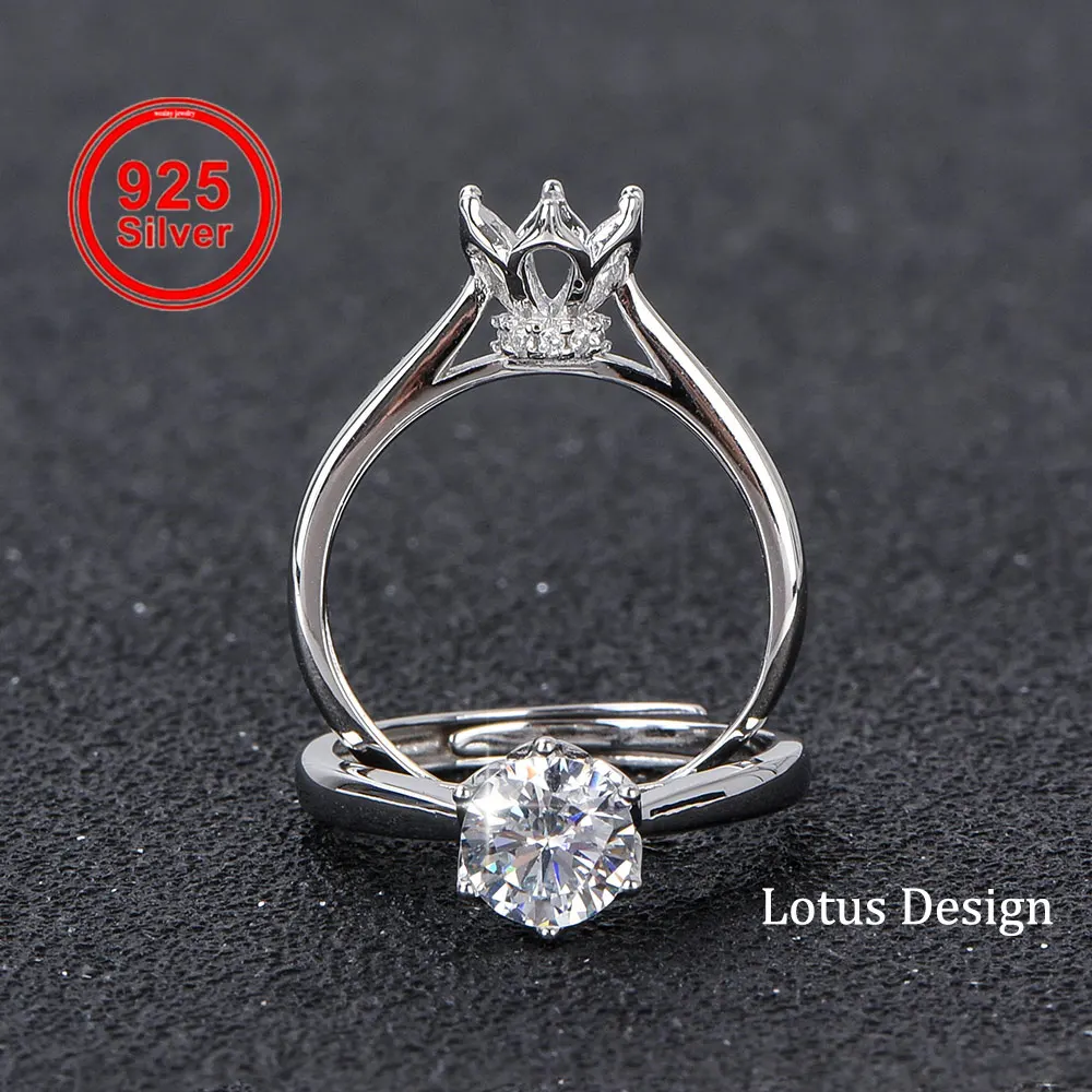 

925 Sterling Silver Ring Setting for 6.5mm (1 Carat) Moissanite, Lotus Design Blank Mount, DIY Handmade Jewelry Making Base
