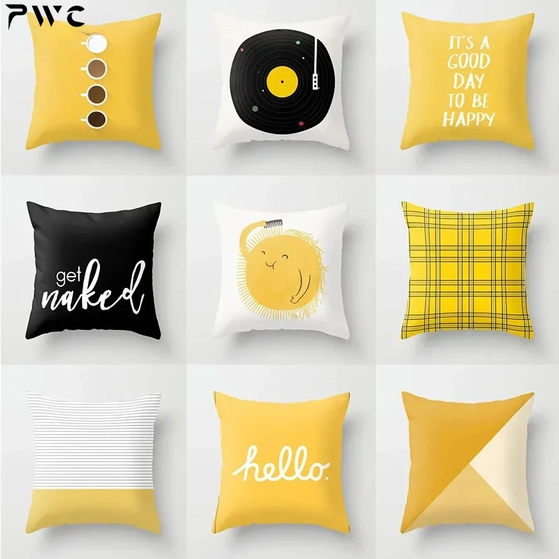 

Yellow Cushion Cover Plaid Flower Letters Print Sofa Pillow Cases Bedroom Home Decor Car Office Decorative Accessories 45x45cm