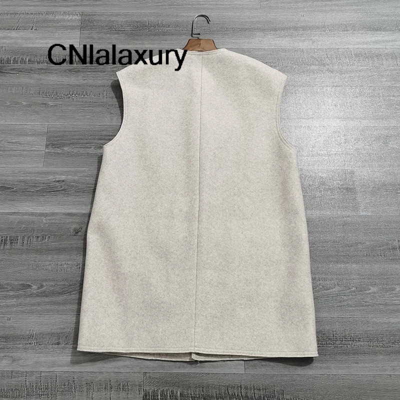 Original Quality Women Vest Fashion Minimalist Chic Woolen Vest Jacket Office Lady Solid V-Neck Sleeveless Loose Long Waistcoat