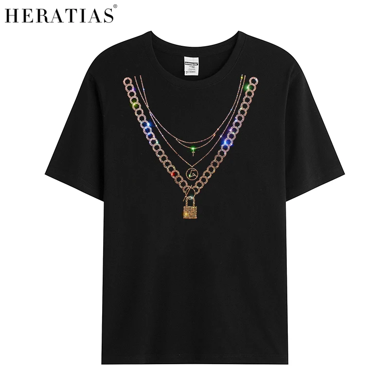 Hot Men's Summer Short Sleeve Casual T-Shirt Cotton Comfortable Shiny Diamond Necklace T-Shirt