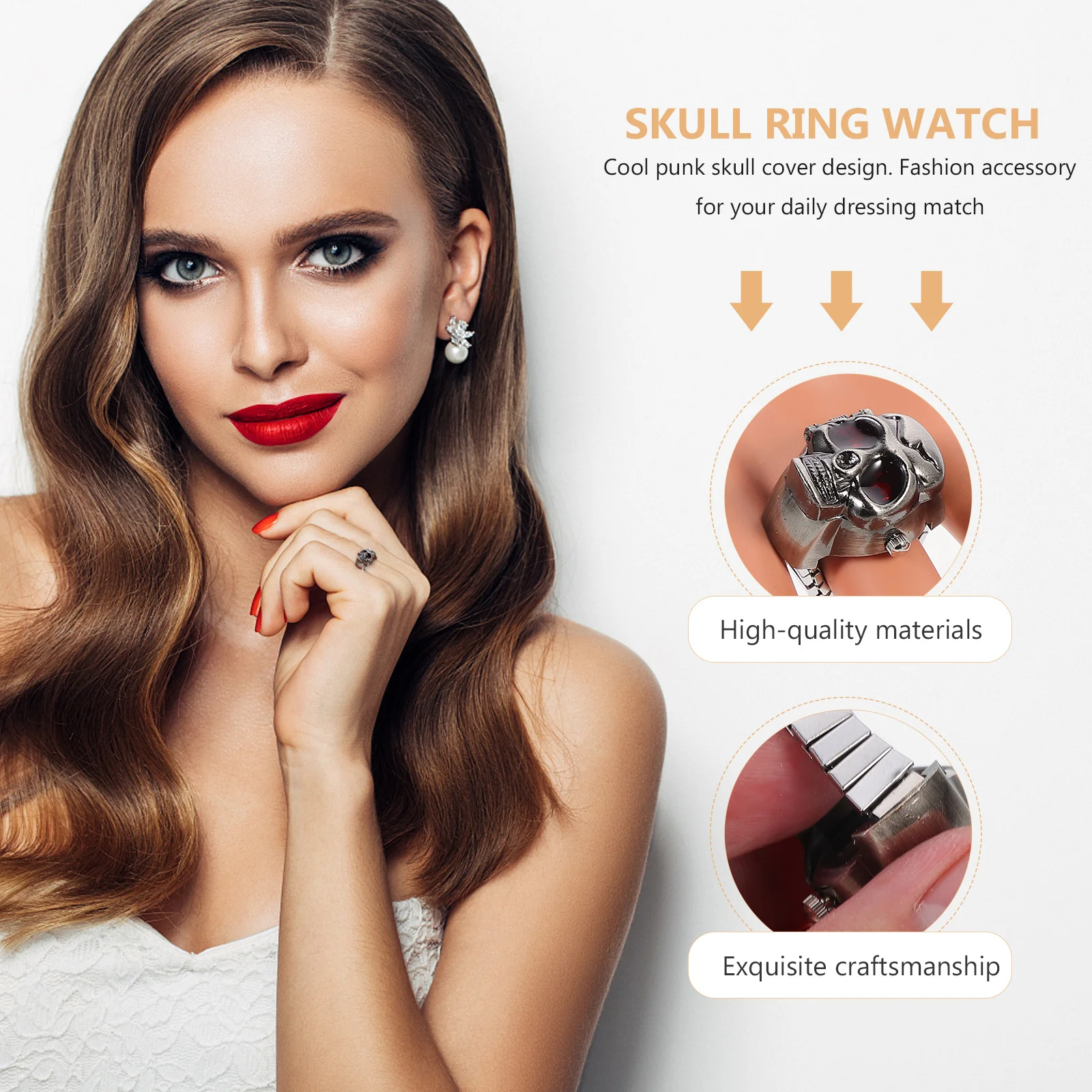 

2Pcs Punk Skull Finger Ring Watch Flip-Open Cover Retro Casual Finger Watch Fashion Accessory with Elastic Strap