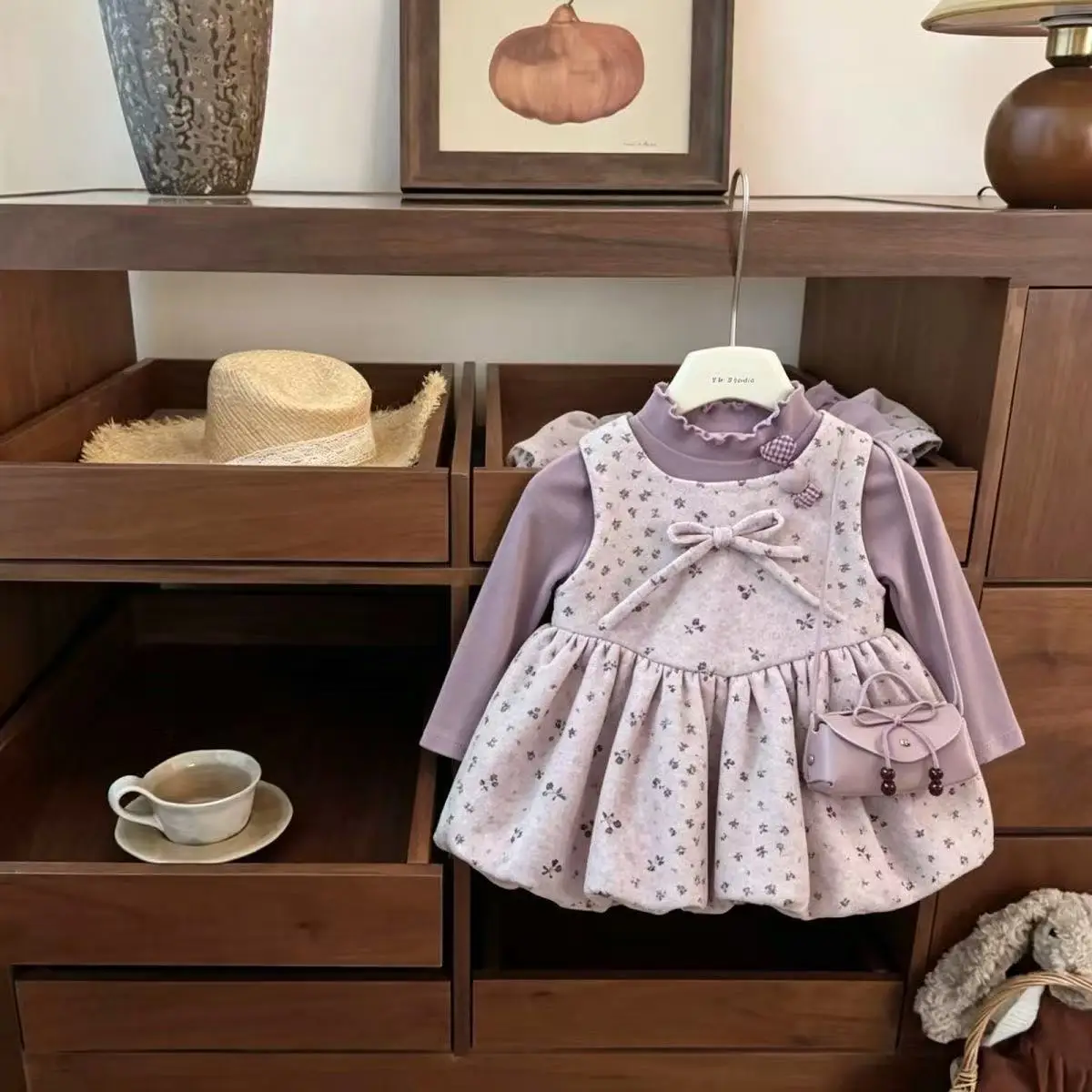 Toddler Girl 2‑Piece Outfit, Korean Style Fall Winter Woolen Bubble Vest Skirt Set, Long‑Sleeve Undershirt Baby Girl Sweet Clot