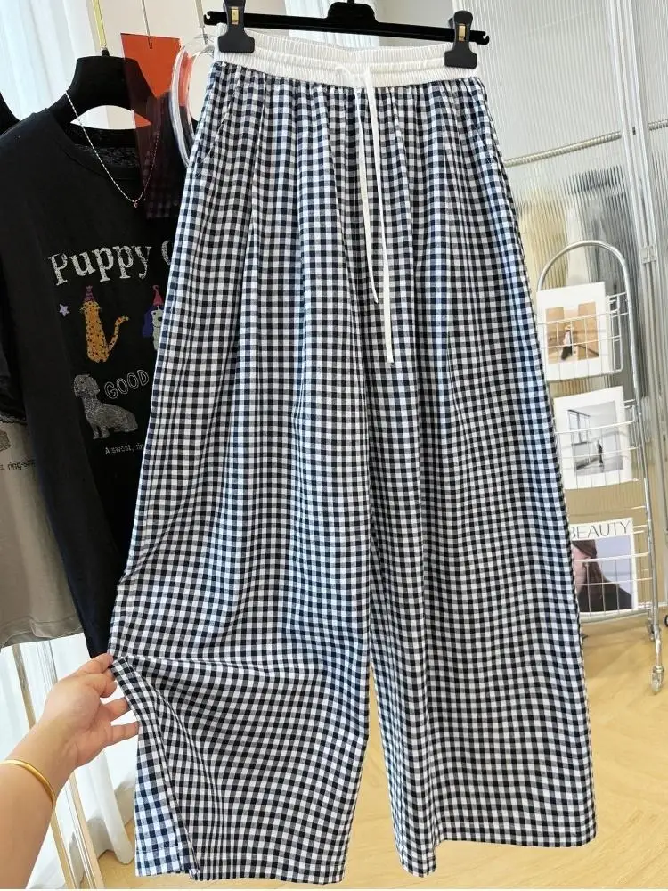 Retro Plaid Wide Leg Straight Pants Women Summer Thin Loose Casual Trousers 2026 Hot Fashion Youthful All-match Daily Pants