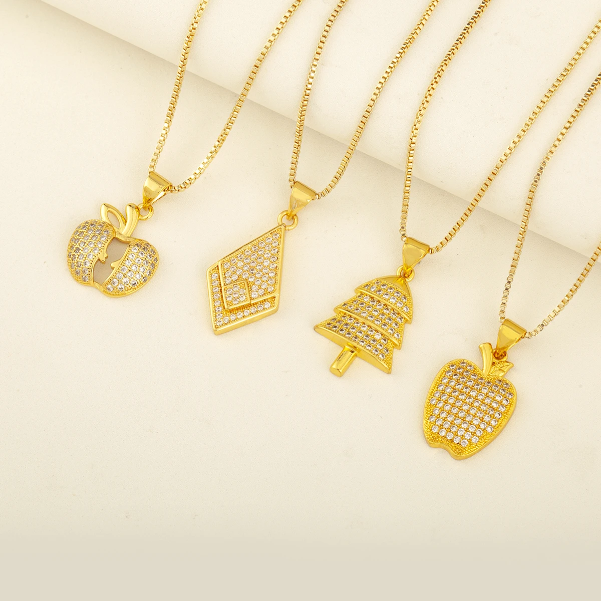 Nidin Hot Sale CZ Crystal Bling Apple Christmas Tree Rhombus Shape Pendant Necklace For Women Trendy Daily Party Jewelry Gifts