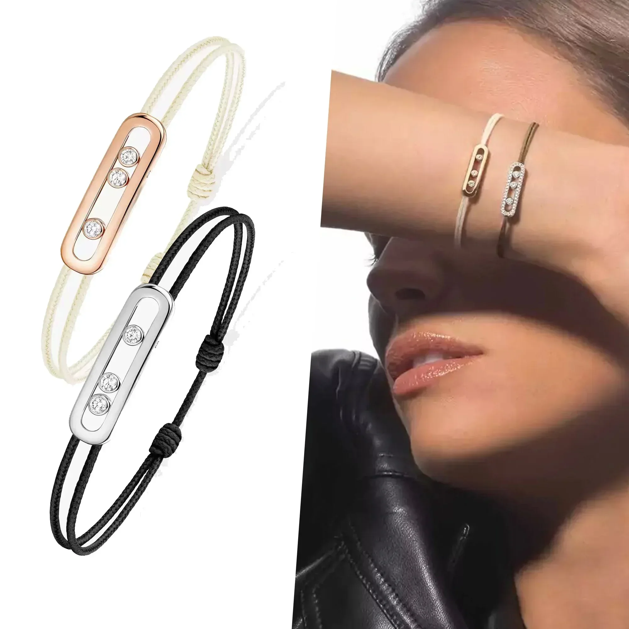 

Classic and Unique Rope Circle Pure Silver s925 CARE (S) Series Three Sliding Diamonds Adjustable Women's Hand Rope