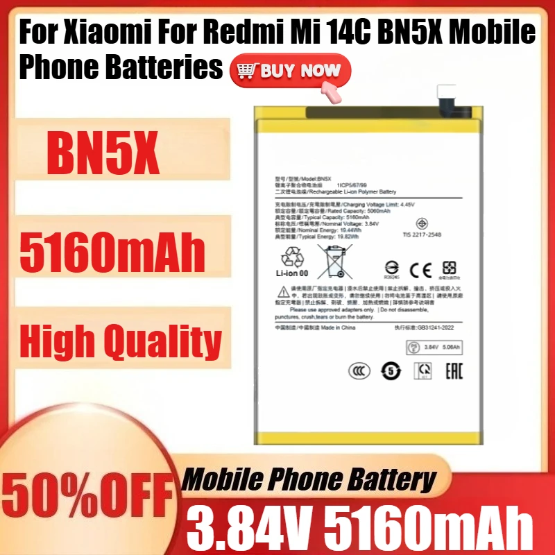 

New Battery BN5X 5160mAh 3.84V For Xiaomi For Redmi Mi 14C BN5X Mobile Phone Batteries