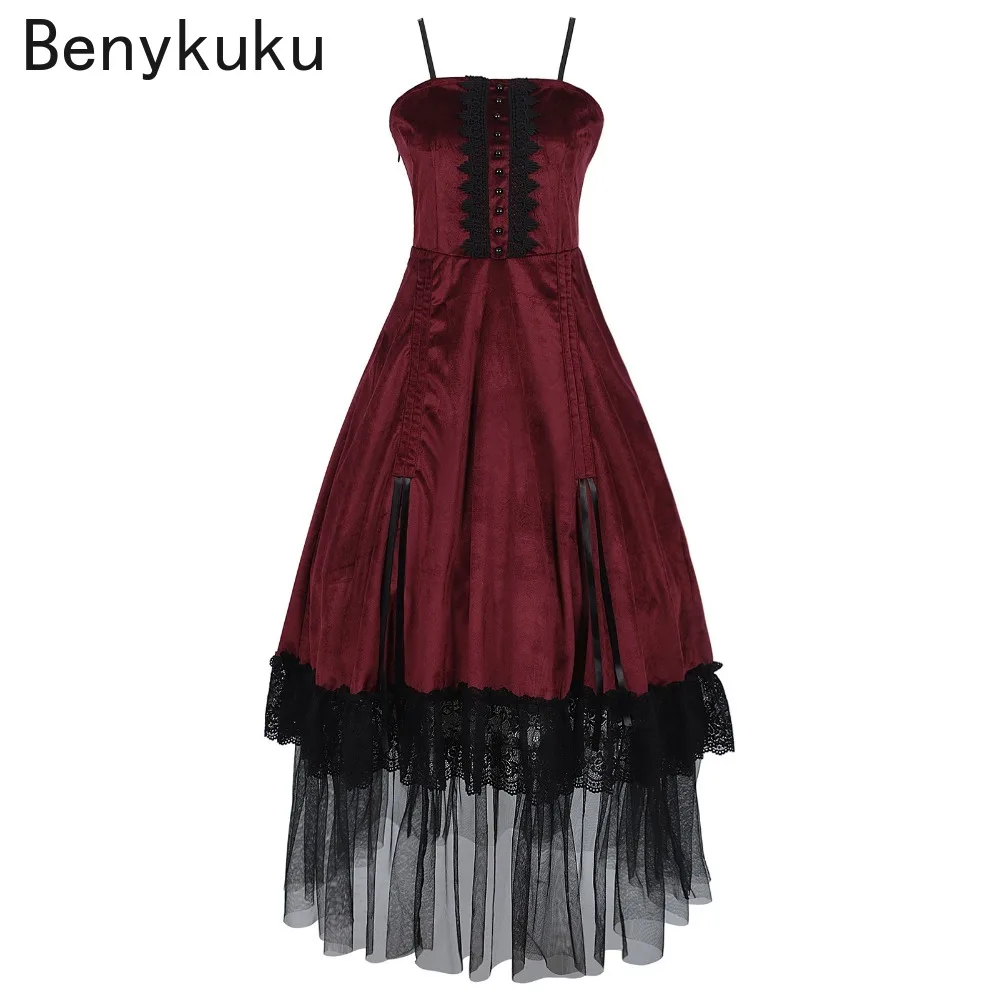 

Halloween Vintage Strap Dress COS Duchess Vampire Dark Gothic Witch Stage Role Playing Costume Lace Bandage Party Long Dresses