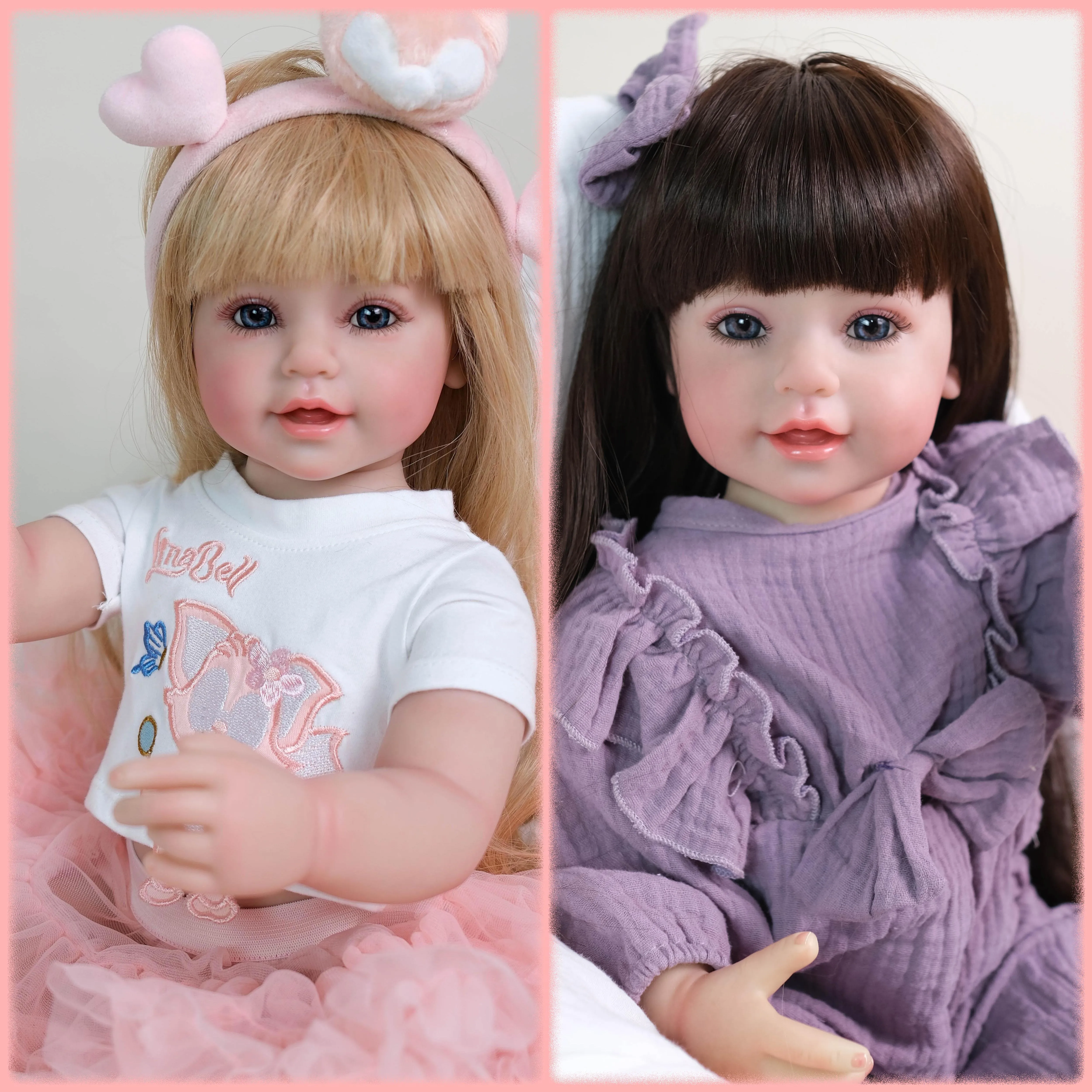 

22 дюйма, улыбающаяся виниловая кукла Reborn для маленьких девочек, длинные волосы, принцесса, реалистичная многослойная живопись, 3D кожа, подарок ребенку