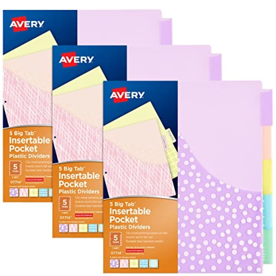 

Dividers for 3 Ring Binders, Plastic Binder Dividers, Pockets, Insertable Big Tabs, Pastel Classic Designs, Extend Beyond Sheet