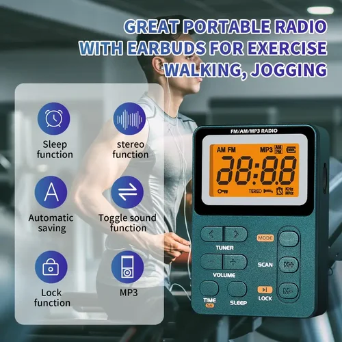 Imagen 2 del producto Radio AM FM, Radio de bolsillo portátil personal con pantalla LCD de sintonización digital, Radio Walkman recargable con auricular estéreo