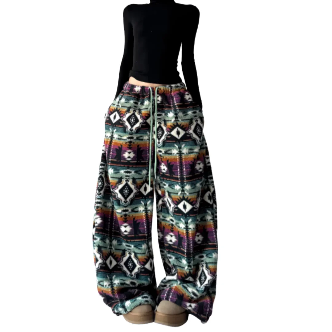 Unisex Jeans 2025 Winter New Women's Fair Isle Striped Pants Thickened Wide Leg Straight Leg Ethnic Style Casual Denim Trousers