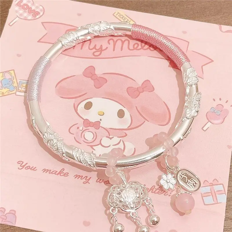 Blooming Flowers Peace Lock Bracelet S999 Versatile National Style Solid Silver Bangle