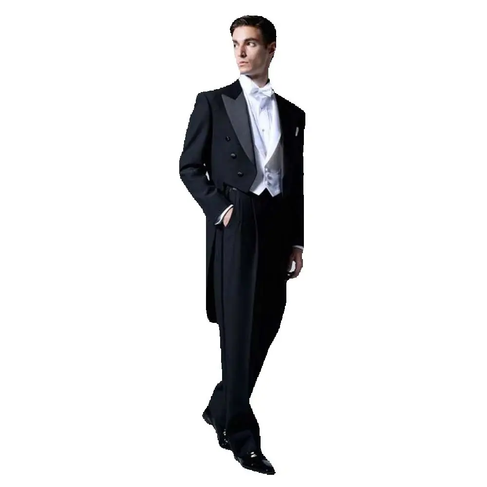 Formal Wedding Party Groom's Suits Notch Lapel 3 Piece Black Jacket Pants White Vest Male Clothing Business Gentleman Tuxedo Set