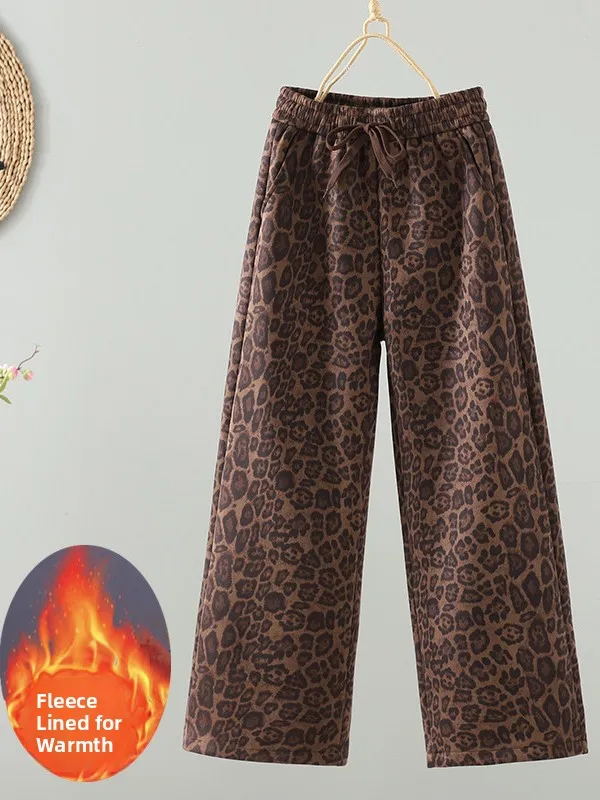

High Waist Loose Wide Leg Pants Women's Casual Trousers Winter Fce Lined Warm Leopard Print Color Straight Cut Trousers