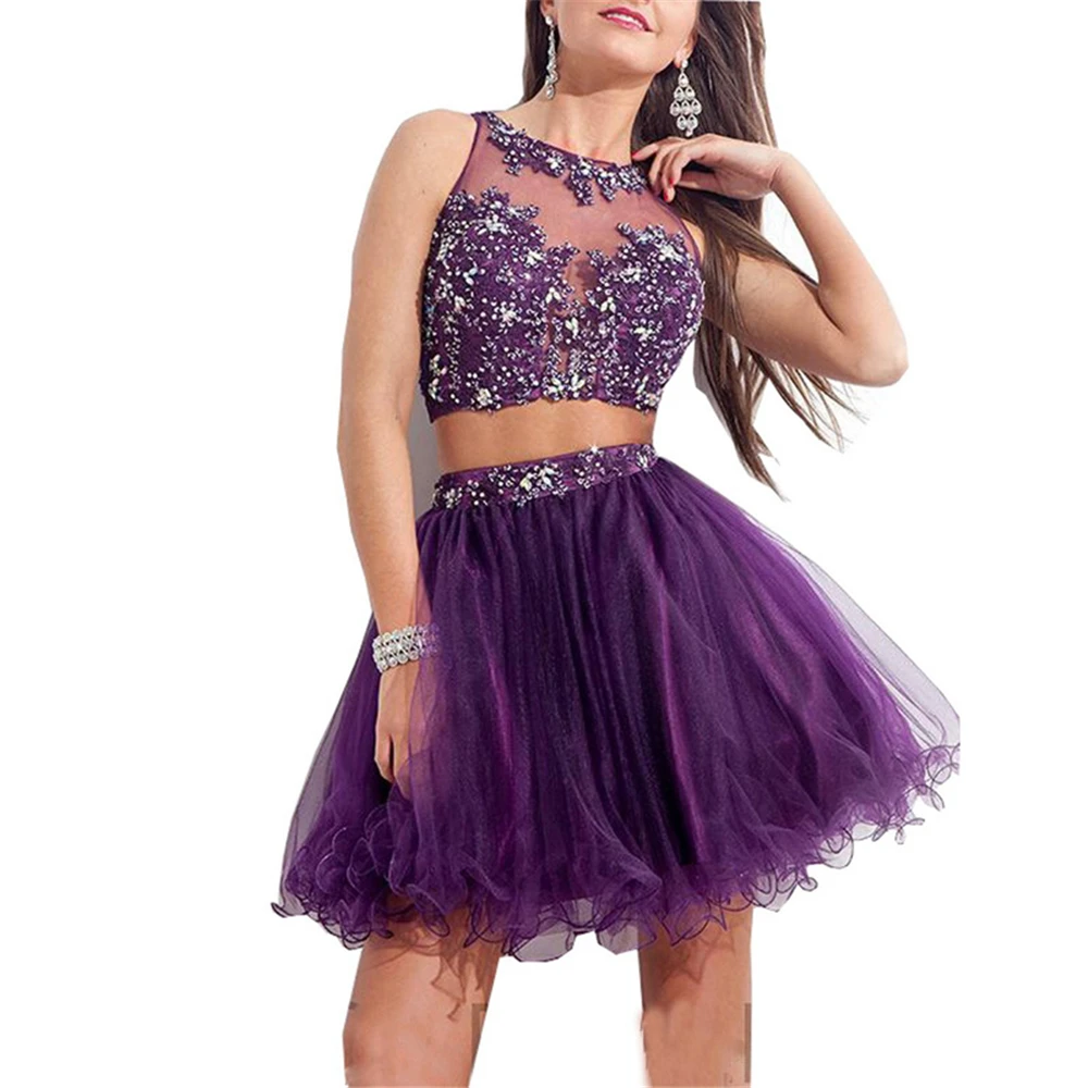 Robes de soirée en dentelle de tulle A-ligne, mini robe de Rhformelle, Rhde fin d'études, cocktail de remise des diplômes, zone courte, appliques en cristal, torsion icide, 2 pièces