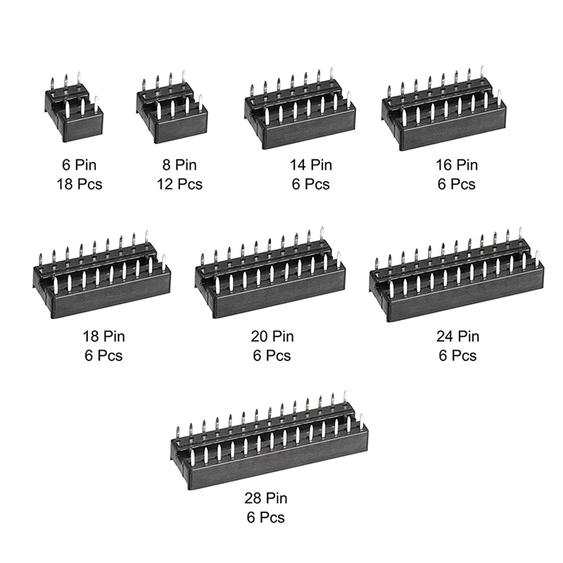 DIP IC Chip Socket Adapter 2.54Mm Pitch Dual Row Flat Pins Chip Connector 6, 8, 14, 16, 18, 20, 24, 28 Pins 66PCS