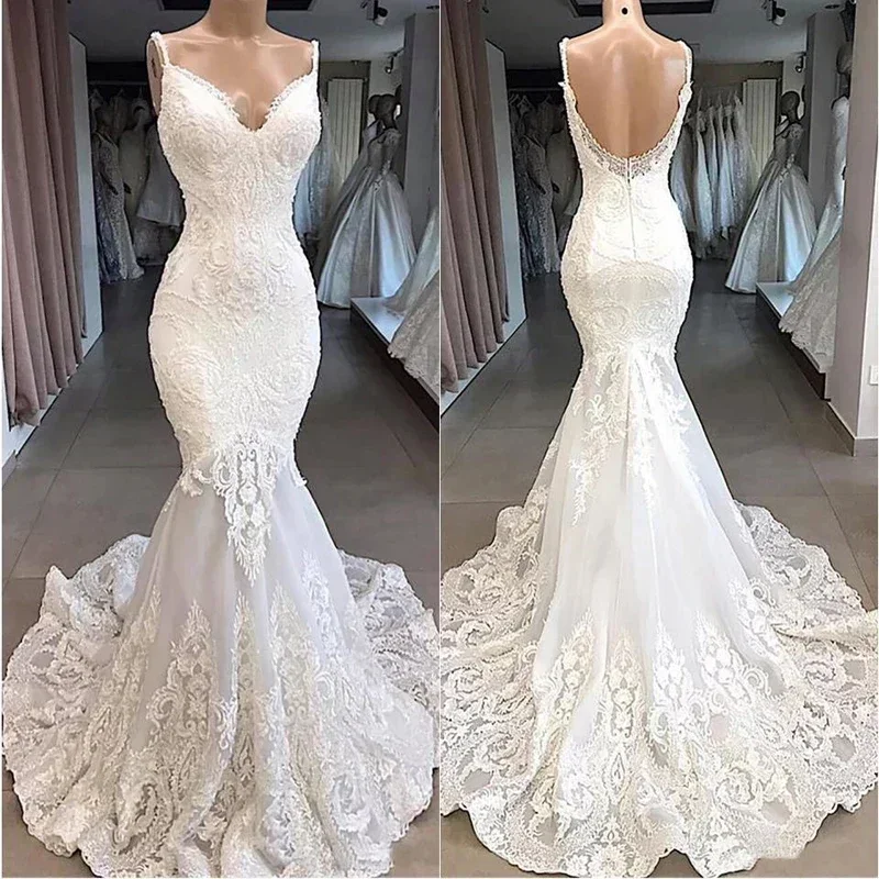 

Customized Mermaid Lace Applique Wedding Dresses 2025 Sweep Train Spaghetti Strap Backless Zipper Robe De Marriage
