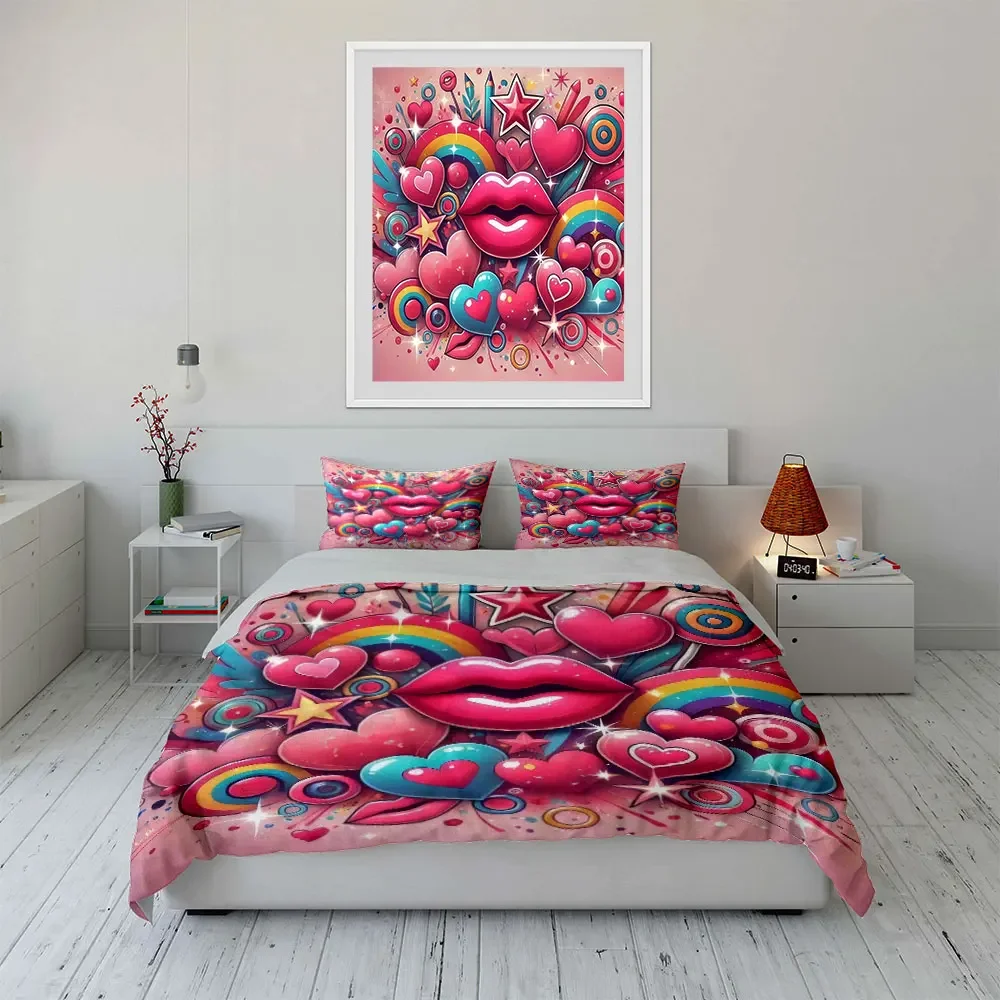 Colorful Heart and Rainbow Set Decor Bedding Set with 1 Duvet Cover 2 Pillowcases Single Double King Queen, Gift