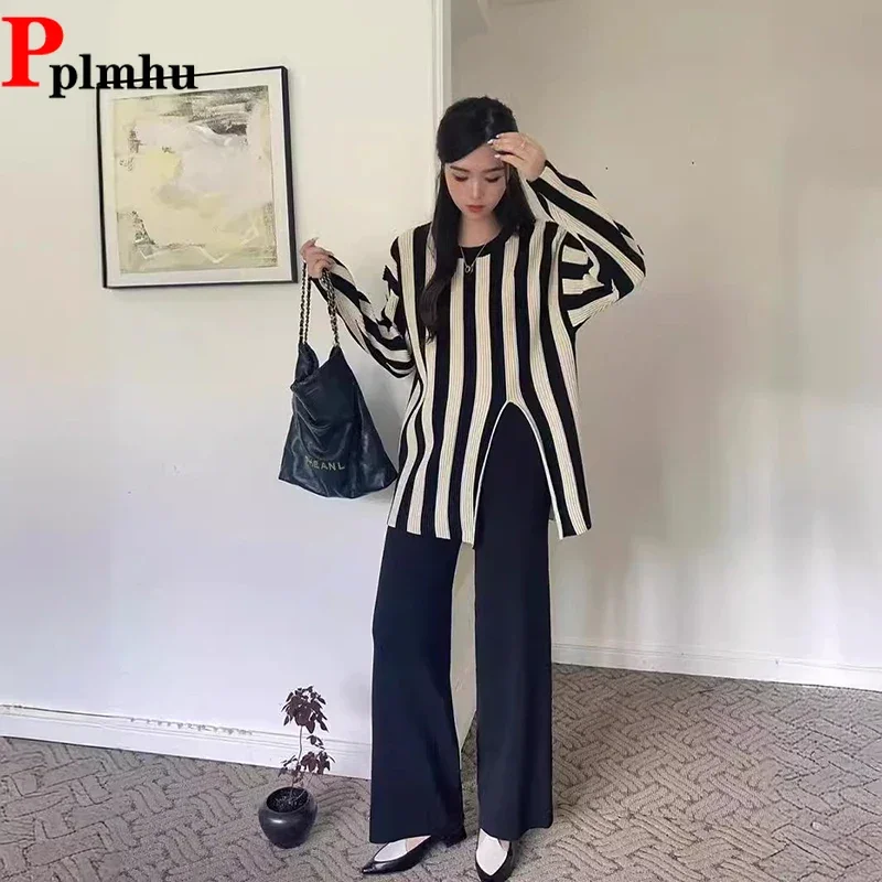 

Casual Split Design Women 2 Piece Sets Elastic High Waist Baggy Pants Ensemble Fall Winter Sriped O-neck Sweater Tops Conjunto