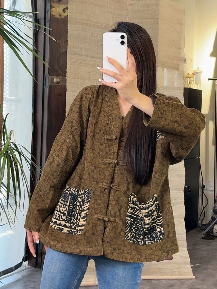 Amax LuluE الصينية 2025 معاطف الموضة الفضفاضة النساء خمر المطبوعة الكلاسيكية سترة السيدات الفاخرة الأزهار القطن الكتان فاسق الملابس