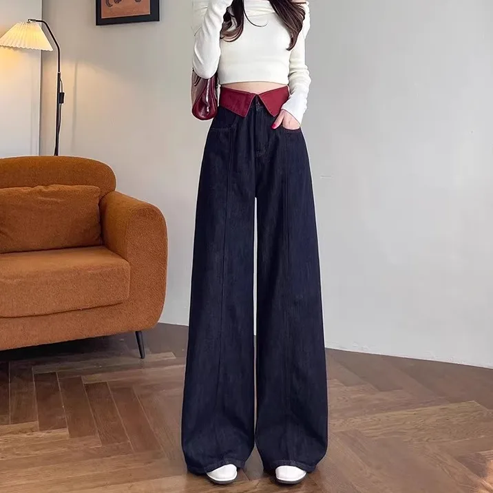 

Широкие джинсы с высокой талией, женские повседневные цветные блузки, длинные брюки для похудения, модные джинсовые брюки с отложными манжетами