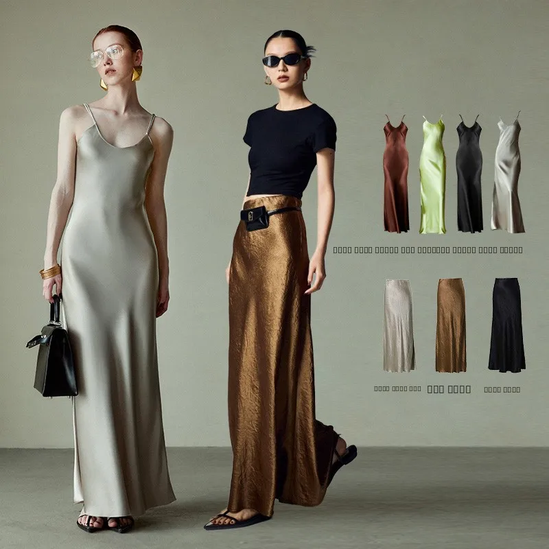 

Autumn 2025 New Sle Women's Satin Acetate V-ne Long Dr Heavyweight Sling Dr Glossy Asymmetrical Cut Casual Wear