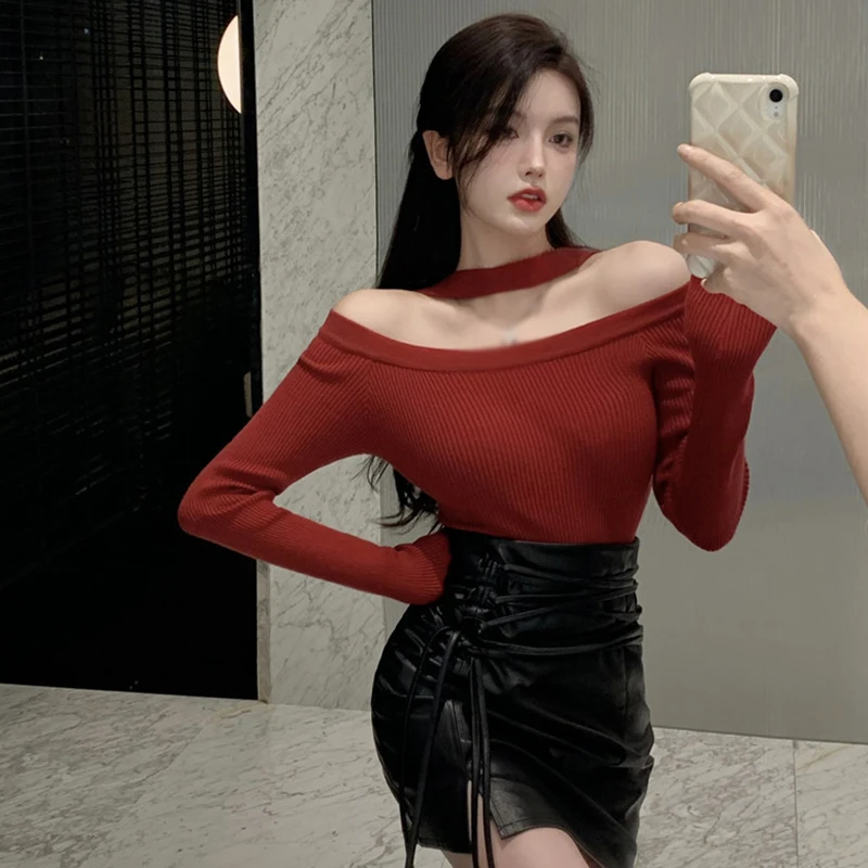 Off  Shoulder Women Tops Sexy Halterneck SweaterTight-fitting  Knitted Bottoming Shirt Long-sleeved Solid Harajuku Shirt