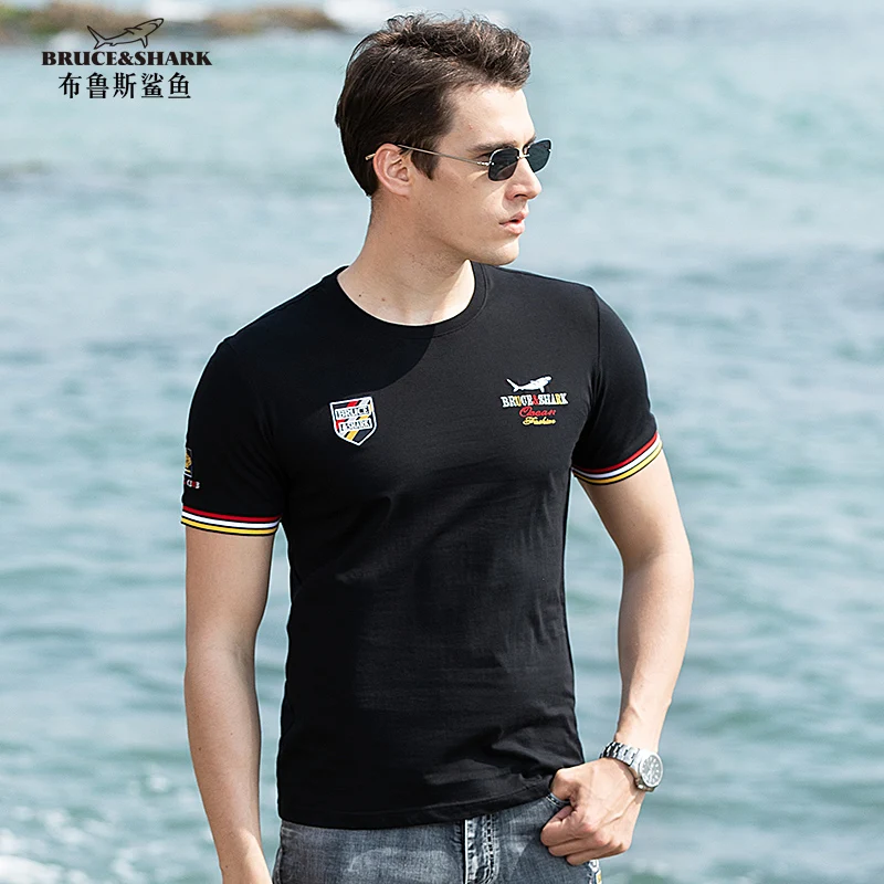 New Pure Cotton Men T-Shirt Tops Male Tees Fashion Bruce&Shark nice embroidery Short Round T-Shirt Loose Regular Fit Black tees